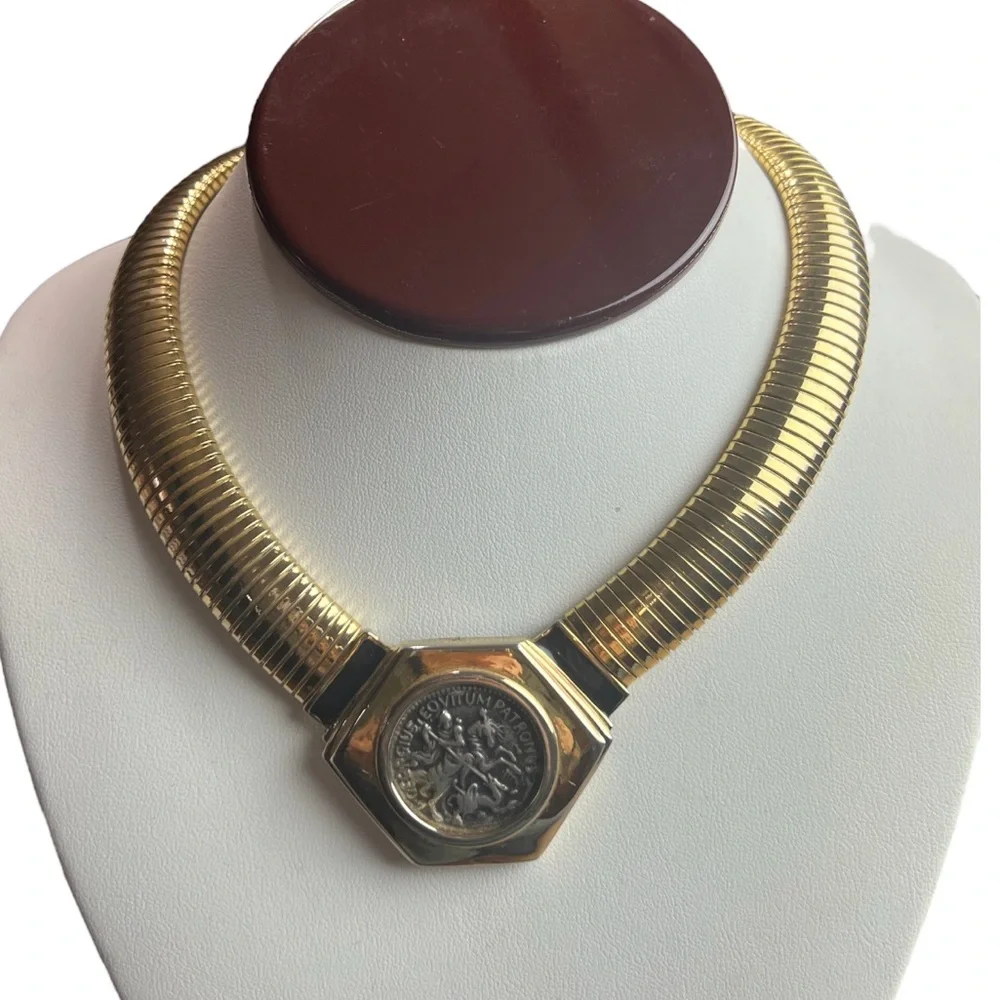 Vintage Kenneth Lane Gold Omega Link Chain Silver Coin Collar Choker Necklace